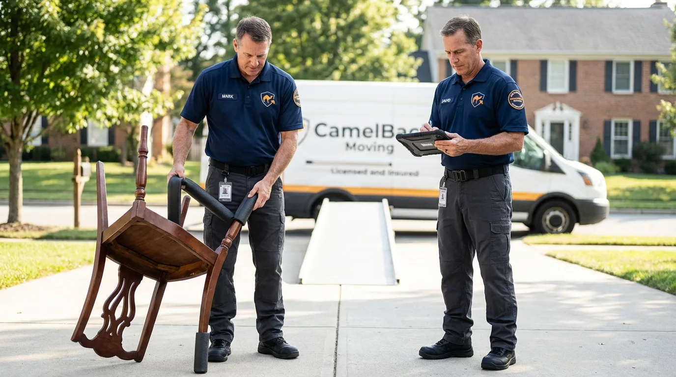 Movers inspecting furniture for damage prevention before loading in Cullowhee, NC